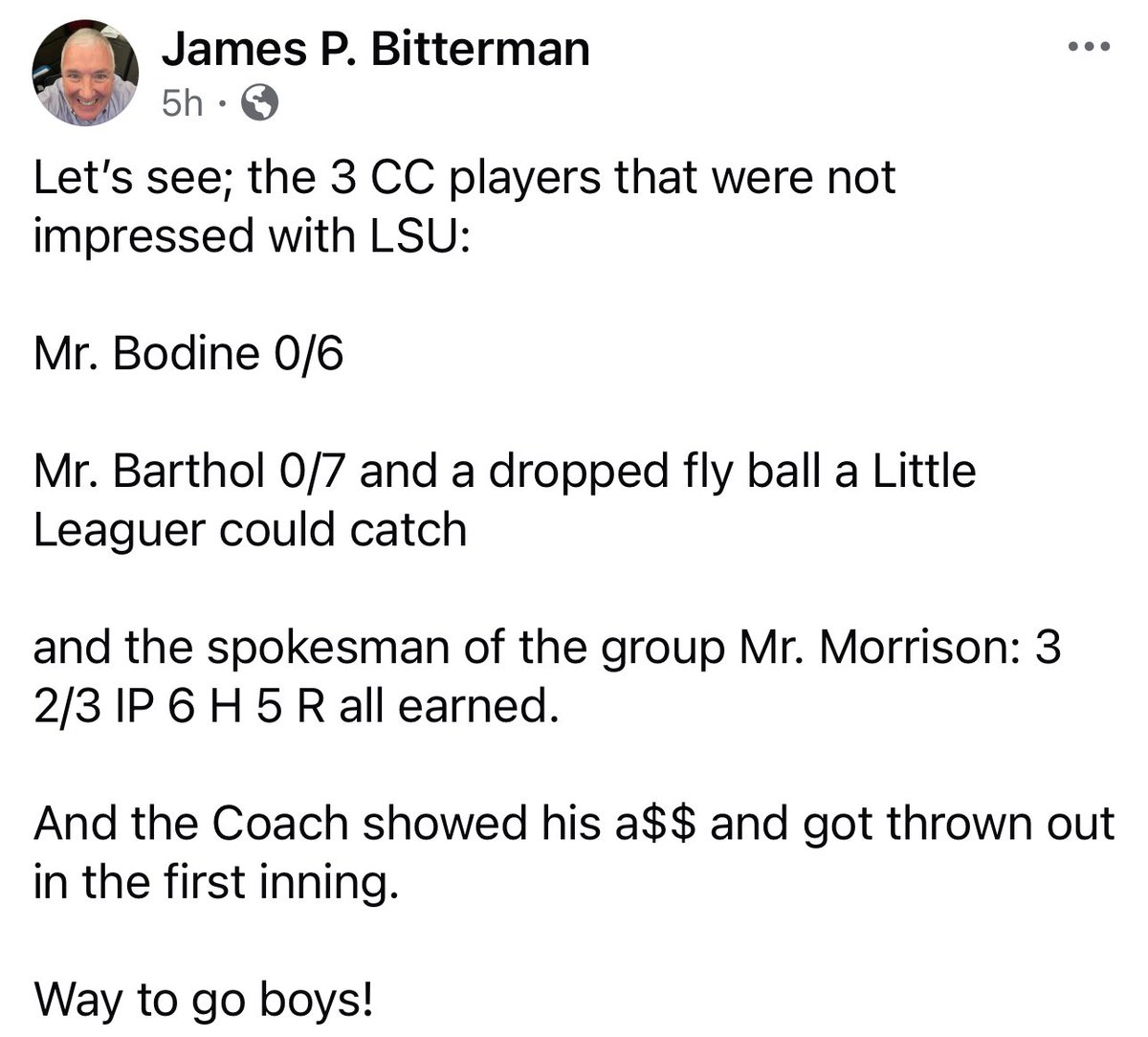 PGuy77's tweet image. Let’s check in on my father-in-law Mr Bitterman. Certainly he has something positive to say after watching #LSU win a national title! Oh… well there’s that!