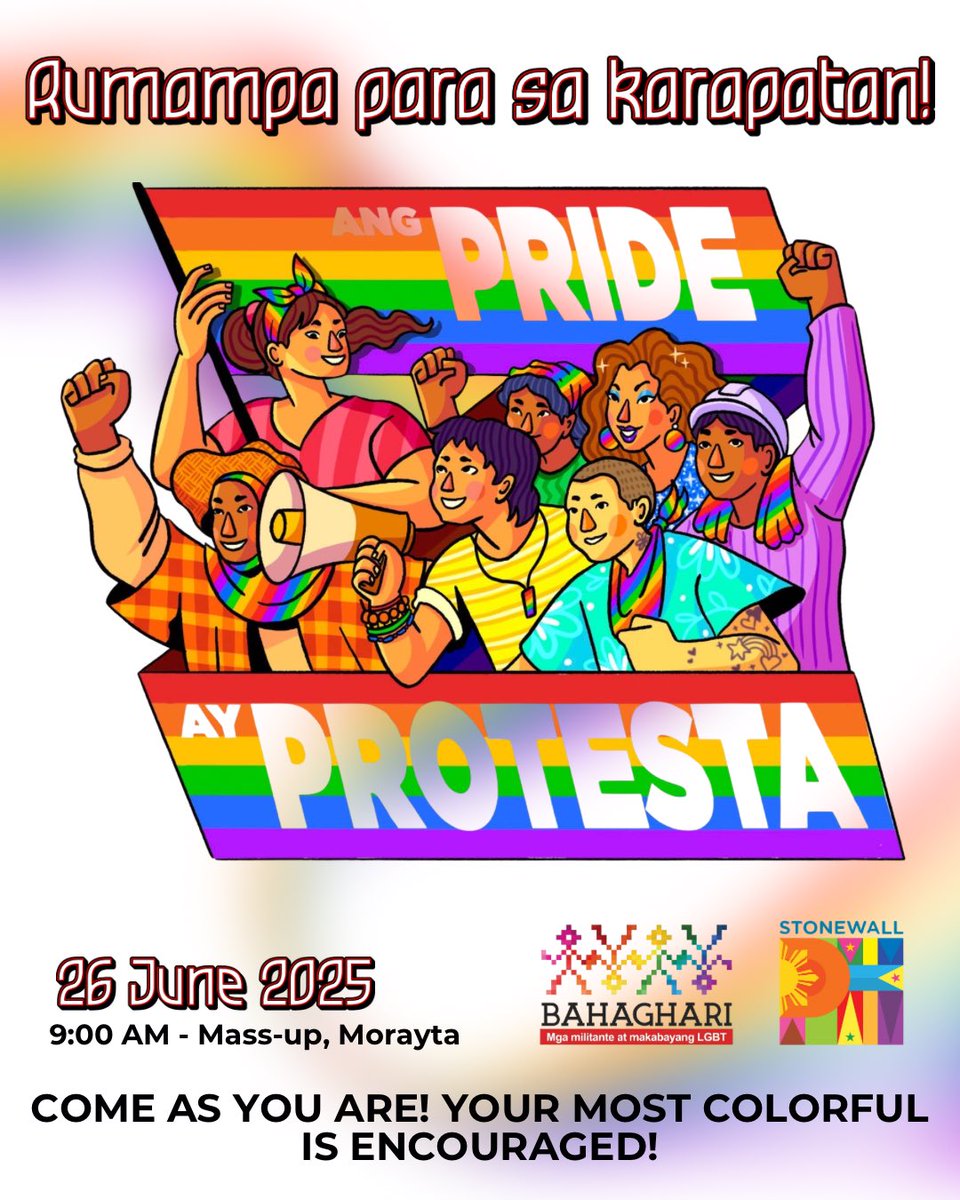 TIME CHECK ⏰ PRIDE NA NAMAN 🏳️‍🌈

Rumampa sa unang Stonewall Philippines ngayong Thursday, 26 June 2025 kasama ang laksa-laksang gender rights advocates at ating mga allies!