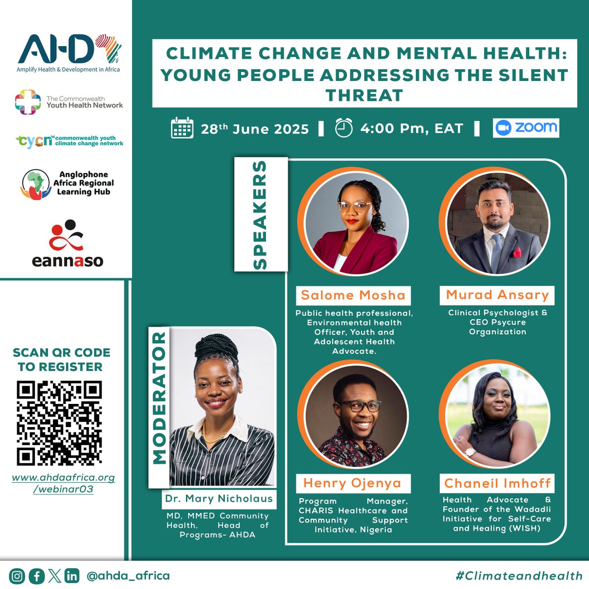 ahda_africa's tweet photo. Climate and Health Webinar Series 3
Join us and learn from young professionals across the commonwealth and Africa at large
Topic: “Climate Change and Mental Health: Young People Addressing the Silent Threat”
🗓️ : June 28, 2025
⏰ : 4:00 PM EAT https://t.co/Zfc1I4iozU