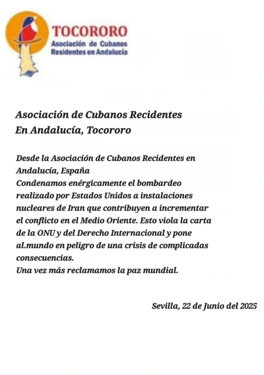 Declaración de la Asociación de Cubanos Recidentes en Andalucía, Tocororo.