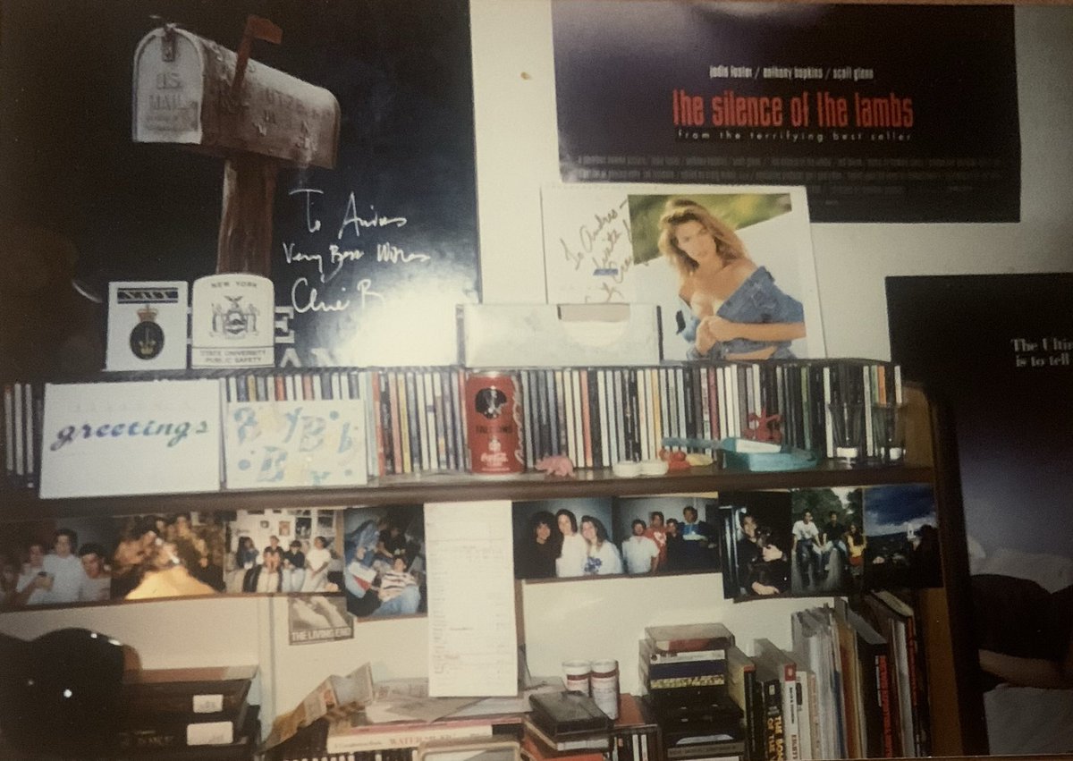 My college dorm room pic! Circa 1986. "Silence of the Lambs" movie poster, personally signed mementos from Cindy Crawford and and Clive Barker. Many CDs.