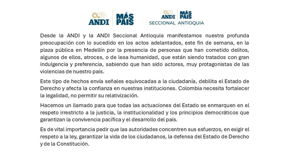 Desde la ANDI manifestamos nuestra profunda preocupación con lo sucedido en los actos adelantados en la plaza pública en Medellín. 
#MásPaísANDI