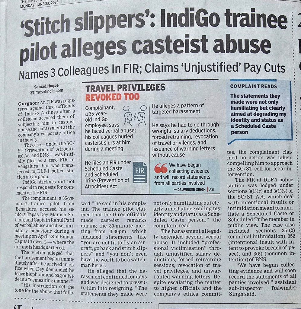New :

- <a href="/IndiGo6E/">IndiGo</a>'s AVP HR Tapas Dey, AVP flight operations Manish Sahani, chief pilot Rahul Patil tell an aspiring trainee pilot to go stitch slippers

- Had heard of such tension from pilots (some in my book Sky High also) but now it is in an FIR w/ <a href="/gurgaonpolice/">Gurugram Police</a>

<a href="/DGCAIndia/">DGCA</a>