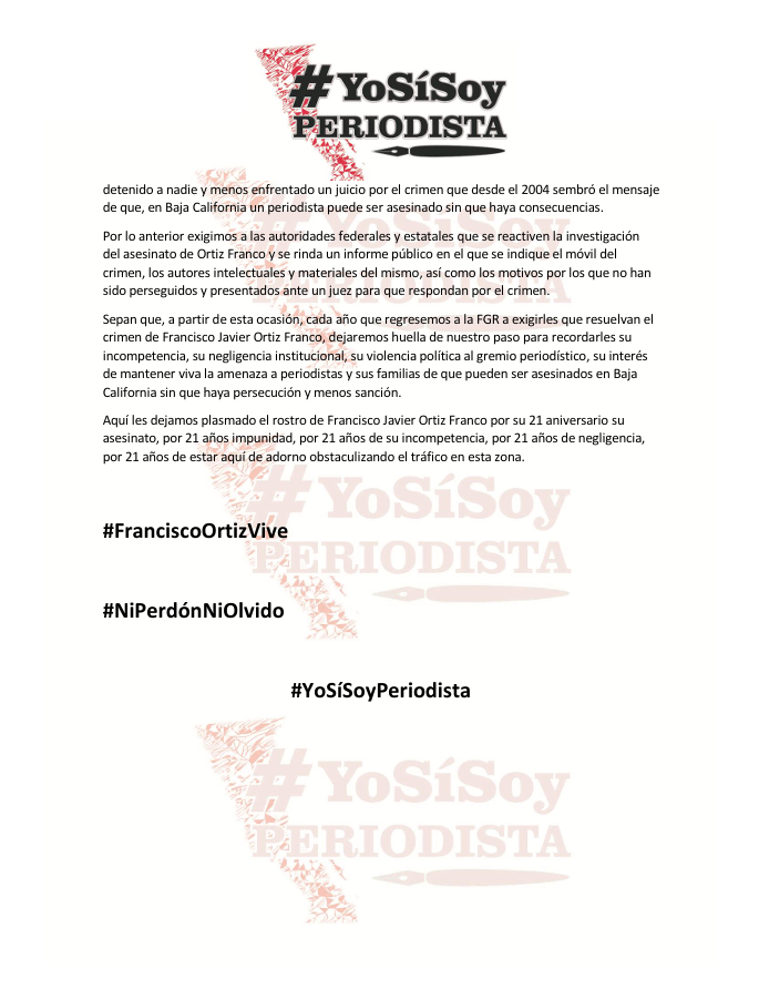 Pronunciamiento del colectivo #YoSíSoyPeriodista al cumplirse 21 años de impunidad en el asesinato de nuestro compañero Francisco Javier Ortiz Franco en Tijuana.