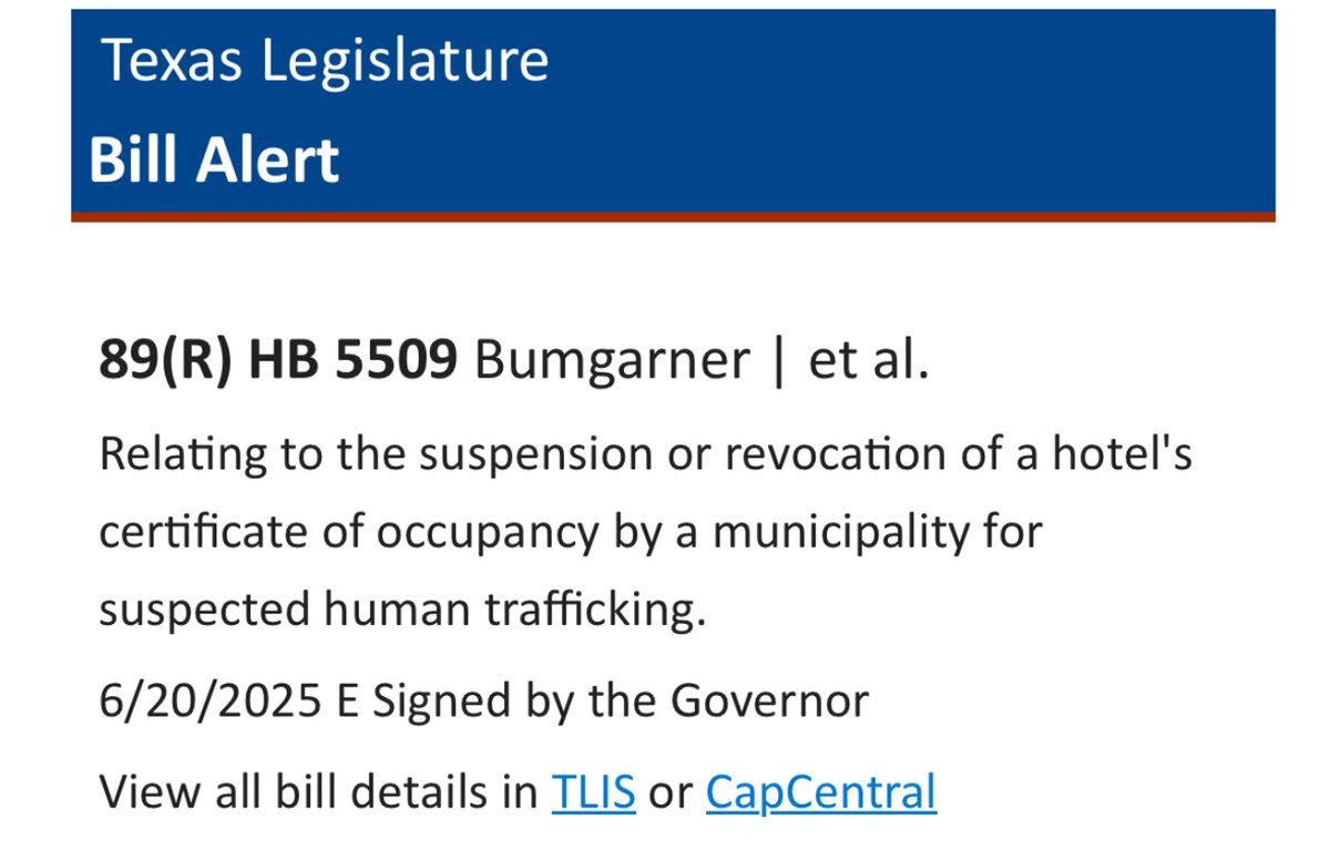 Thank you  Governor for signing 5509 into law! Texas continues to be tough on Human trafficking. I am Proud to lead the fight in taking away another harbor for these criminals. 

#txlege
