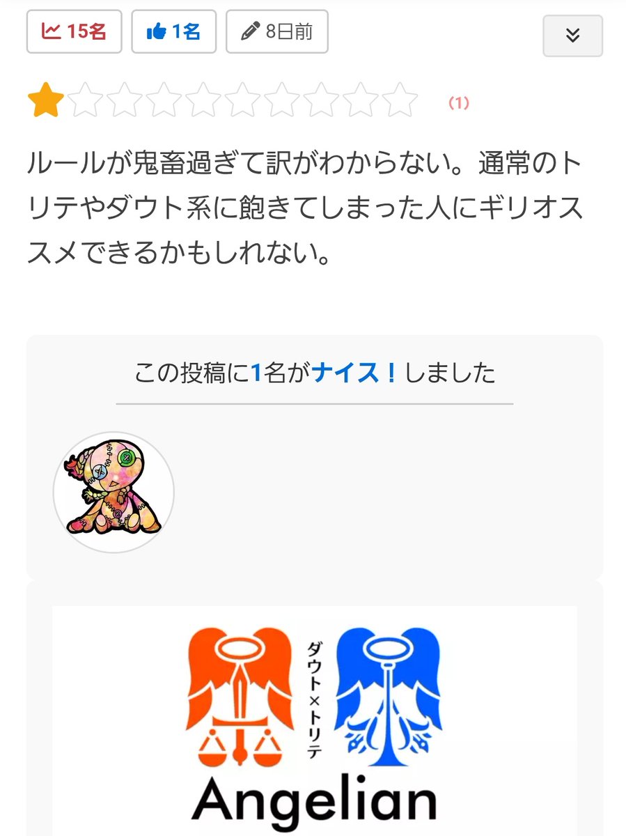 ボドゲーマさんで、｢エンジェリアン｣のレビューをもらったよ
気づくのが遅れちゃって、申し訳ないね

遊んですらないとかじゃなかったらどんなレビューでも大歓迎だから、じゃんじゃんレビューしてね