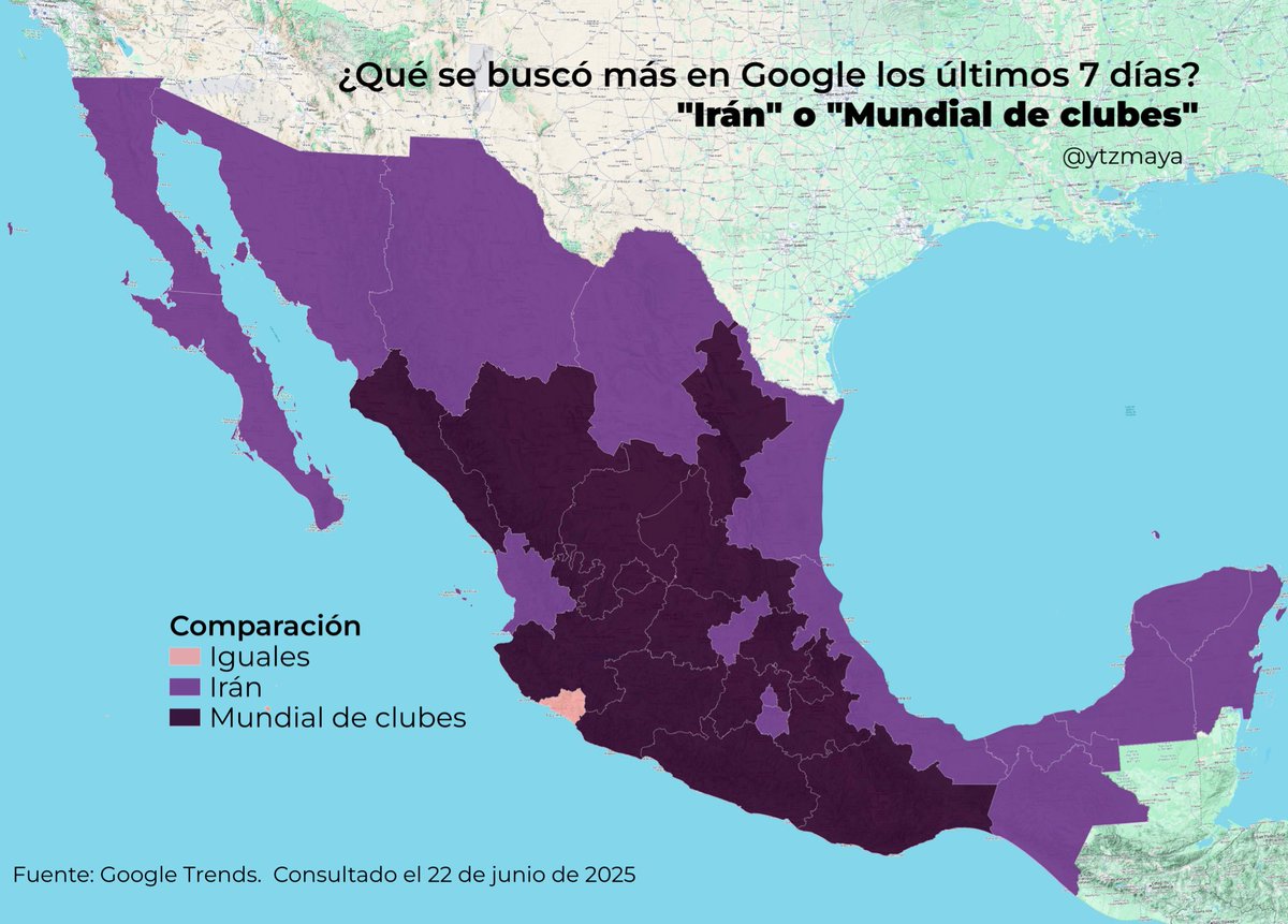 Vi por ahí un mapita mundial que comparaba si la gente había googleado más “Irán” o “Mundial de clubes”.

Quise hacer el mismo ejercicio pero para México e hice este mapa. Creo que hay cosas interesantes 🧐🗺️