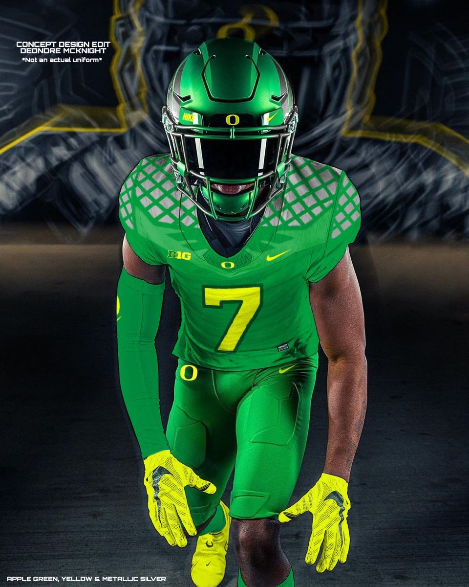 Stop at Nothing. 

Oregon Ducks All Apple Green, Yellow &amp; Metallic Silver Uniform Concept!

Gradient apple green &amp; metallic silver face mask included! *Not an actual uniform* #GoDucks #Nike