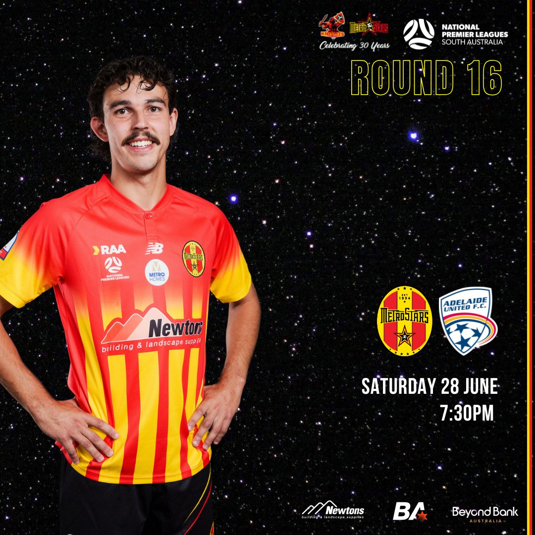 🔴🟡 𝐌𝐀𝐓𝐂𝐇 𝐃𝐄𝐓𝐀𝐈𝐋𝐒 🟡🔴

This Saturday night we take on Adelaide United in Round 16 of the National Premier League South Australia competition!

Res - 5:00pm
U18 - 2:30pm

#RAANPLSA #MetroStars