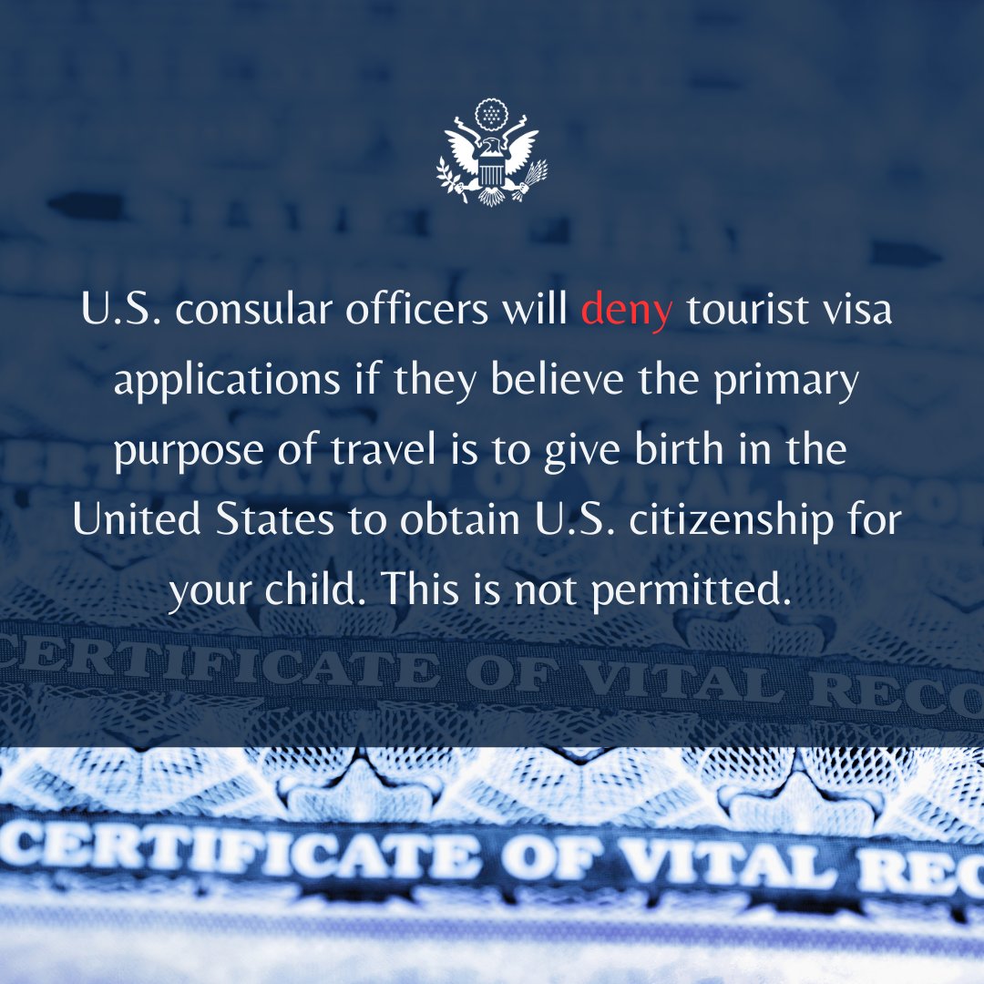usembassydhaka's tweet image. Many foreign parents with tourist visas travel to the United States for the purpose of giving birth, and they use government assistance to pay for their medical care. These costs are passed on to the American taxpayer, and those parents may not be eligible to renew their visas in…