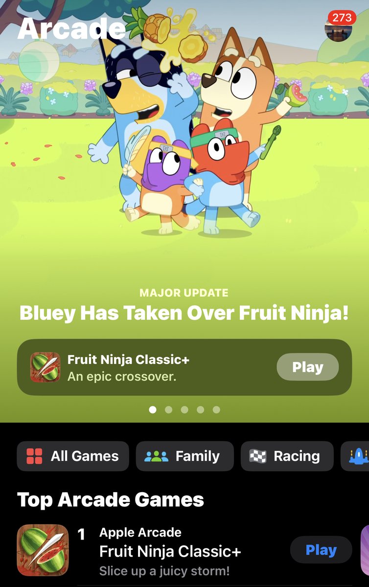 Bluey x Fruit Ninja Classic+ has taken over Apple Arcade!
It is currently No.1 in Top Arcade Games - in... wait for it... Australia!

Join in the fun!
halfbrick.link/SM_X_BxFNC