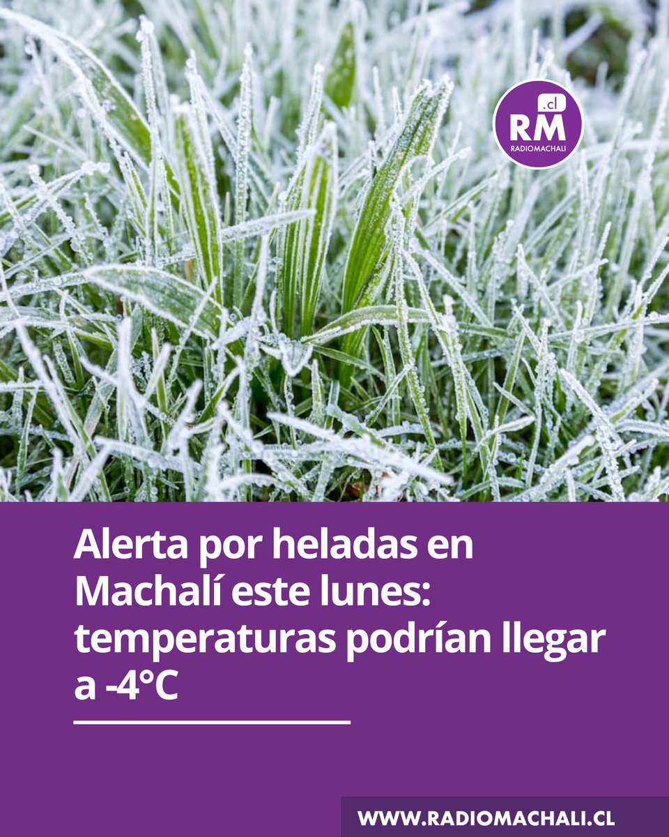 Emiten aviso por heladas en #Machalí y zona centro-sur del país
Este lunes 23 de junio se esperan temperaturas entre -2°C y -4°C en la comuna, debido a una alta presión fría. 

#RadioMachalí #SomosLocales