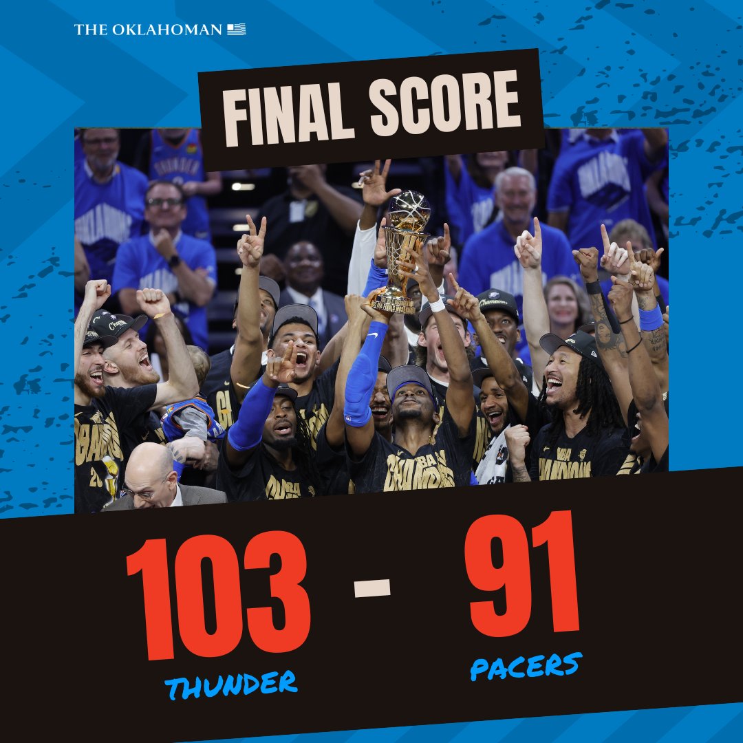 ThunderXtra's tweet image. FINAL: #Thunder 103, Pacers 91. OKC wins #NBAFinals. 📰 Game 7 recap: tinyurl.com/4betdkcj