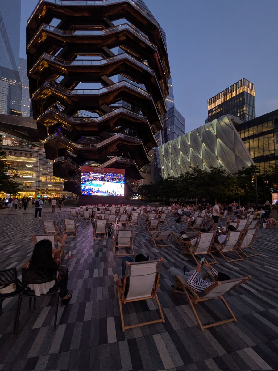 TedMerz's tweet image. Awesome place to watch the Pacers vs Oklahoma game: on the plaza at Hudson Yards in front of the Vessel and Shed at sunset. NYC never fails to amaze.