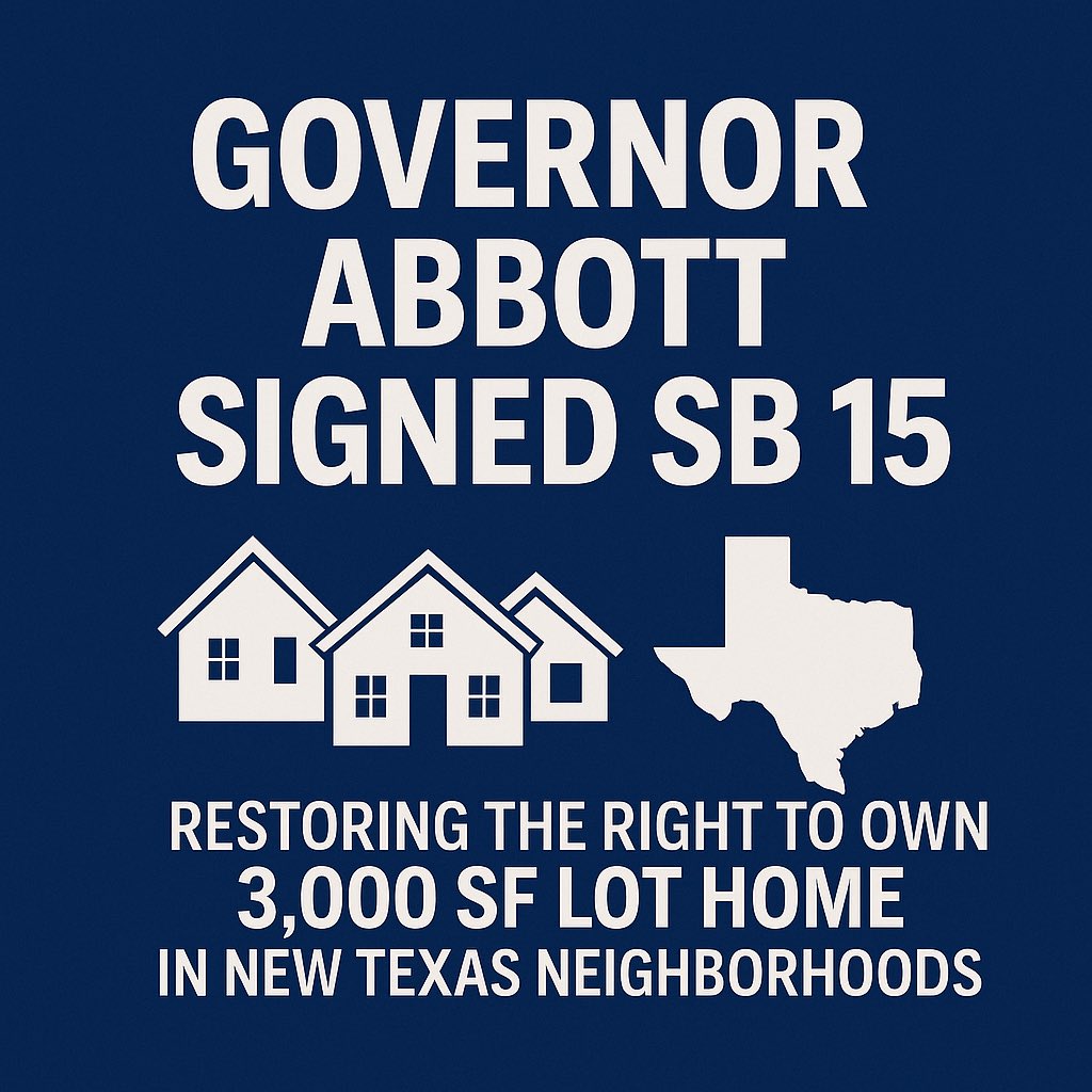 Texans for Reasonable Solutions (@txreassolutions) on Twitter photo 🏡 BREAKING: Governor <a href="/GregAbbott_TX/">Greg Abbott</a> just signed SB 15 into law- Restoring the Right to Own a 3,000 SF Lot Home in New Texas Neighborhoods 🎉
HATS OFF 🎩 to Lt.Governor <a href="/DanPatrick/">Dan Patrick</a> <a href="/GatesforTexas/">Gary Gates</a> & <a href="/TeamBettencourt/">Team Bettencourt</a>!
Here’s what it means for Texans:
✅ More starter homes 🏡 BREAKING: Governor <a href="/GregAbbott_TX/">Greg Abbott</a> just signed SB 15 into law- Restoring the Right to Own a 3,000 SF Lot Home in New Texas Neighborhoods 🎉
HATS OFF 🎩 to Lt.Governor <a href="/DanPatrick/">Dan Patrick</a> <a href="/GatesforTexas/">Gary Gates</a> & <a href="/TeamBettencourt/">Team Bettencourt</a>!
Here’s what it means for Texans:
✅ More starter homes
