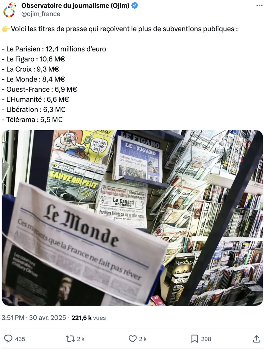 Devinette : ça touche combien un torchon pour calomnier les gens qui déplaisent au pouvoir ? 
Ici on est à 10,6 millions d'€/an.
@ojm_france