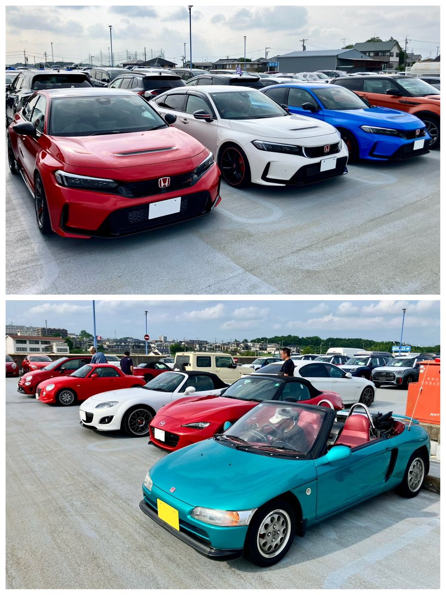 昨日は梅雨の合間、ツーリングオフに飛び入り参加させて頂きました🚗🚙🚕💨
超激レアなコペンのオーナーさんの話も聞けて、貴重なビートも座らせて頂きました
世間話も含め、時間を忘れて車談義は楽しかったです(^^)
FL5トリコHRC並びw

#シビックタイプR #フィアットアバルト　#ロードスター #ビート