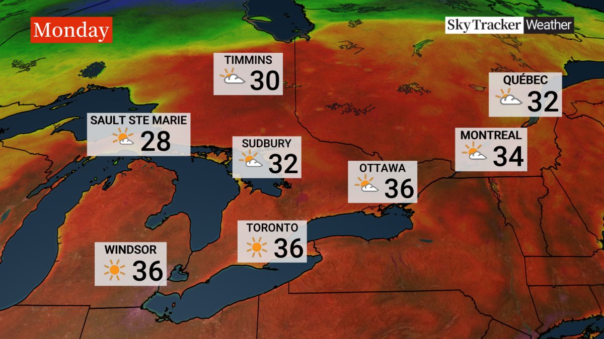 Heat Warning: Temperatures are expected to soar into the low to mid 30s for at least three days in southern Ontario. The hottest day will be on Monday, when the high is forecasted to hit above 35 C in Toronto, and the humidex could briefly reach as high as 45 C.