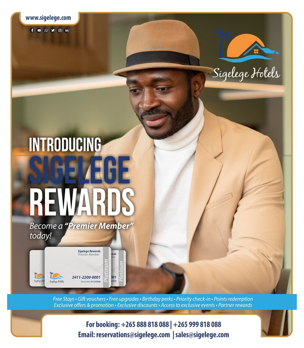 Did you know you can EARN POINTS during your stay?

🎁Welcome to Sigelege Rewards. Takulandirani,

Become a premier member in seconds!

Click to join Sigelege Rewards.

rewards.sigelege.com

Speak to our rewards team: +265-999-818-088 or +265-994-257-677