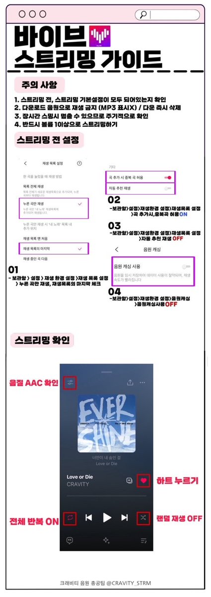 CRAVITY_STRM's tweet photo. 📢 CRAVITY The 2nd Album 'Dare to Crave' 플로🎶&amp;바이브💟 음원 스트리밍 가이드

🍇음원 공개 전 올바른 스밍 방법을 숙지하신 후 스밍 해 주세요🎵

🚫음소거 스밍 불가
🎧반드시 볼륨 1이상 켜서 스밍

#CRAVITY #크래비티
#DaretoCrave
#SETNETG0?! #SETNETGO https://t.co/AaikskMr9a