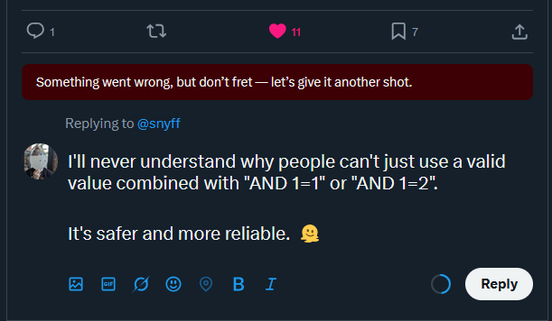 0xTib3rius's tweet photo. X won't let me post good advice about SQL injection.

@grok why do you want people to use dangerous payloads? 😭 https://t.co/KxY9t44p1b
