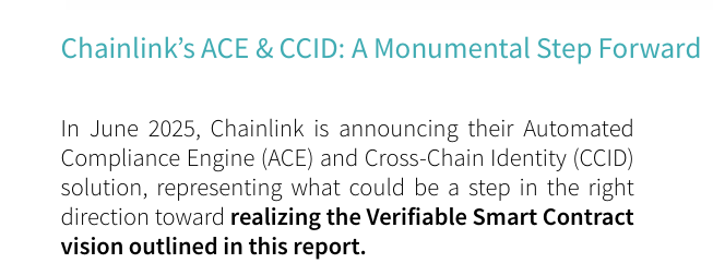🤔Chainlink’s ACE &amp; CCID: A Monumental Step Forward

"In June 2025, <a href="/chainlink/">Chainlink</a>  is announcing their Automated  Compliance Engine (ACE) and Cross-Chain Identity (CCID)  solution,"

verifiablesmartcontract.com/vLEI%20on%20Ch…

1⃣ week to go!