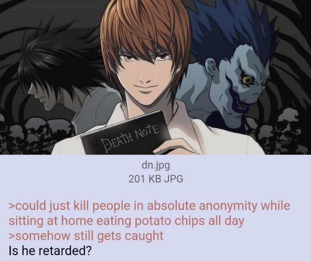 Reaper_Grim19's tweet image. Light Yagami had God&apos;s pen, zero accountability and a literal death demon as his sidekick…
Still fumbled the bag like a Netflix intern 💀 Bro had one job - eat chips &amp;amp; not get caught.
#DeathNote #AnimeLogic