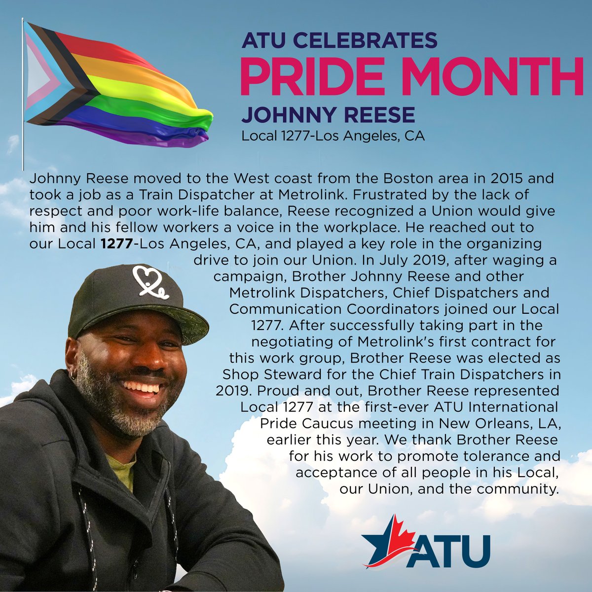 This week, the ATU features Johnny Reese of Local 1277 - Los Angeles, CA, as we continue to celebrate Pride Month, honouring our ATU members who go above and beyond for their union, their communities, and one another, with pride and purpose. #HappyPrideMonth