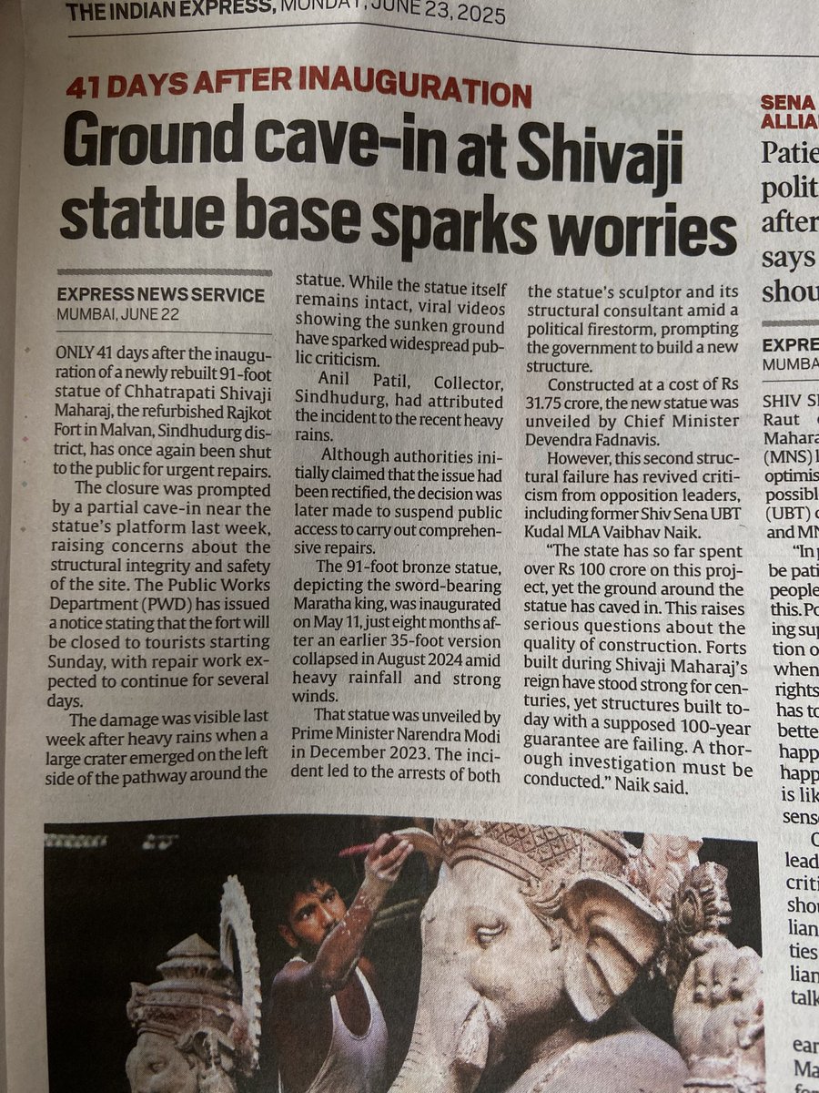 Remember the Shivaji statue collapse in Maharashtra? 

They built a new one. 

Now, 41 days later, the ground beneath the statue base has caved in. 100 crore spent so far. 👏👏👏