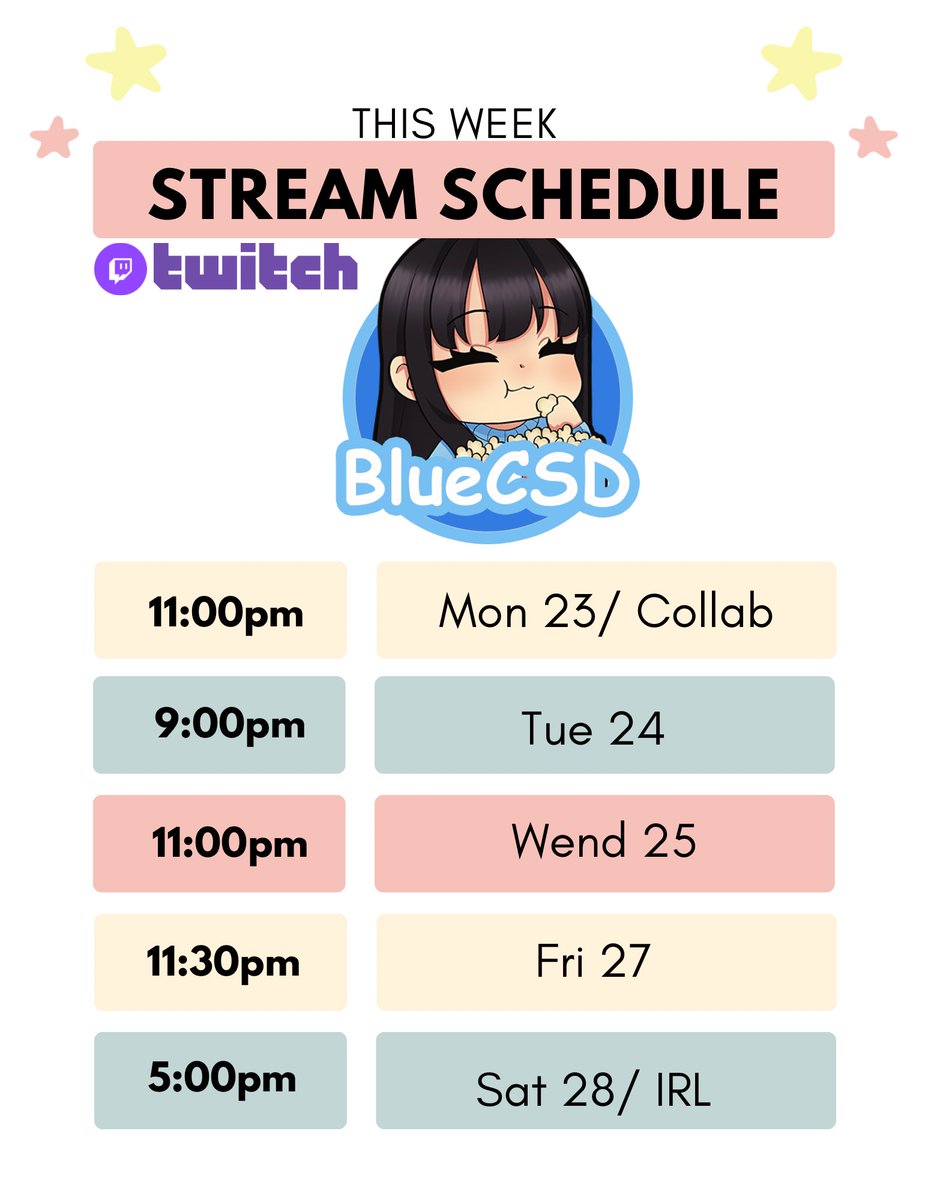 This is going to be my stream schedule for the week!
I’m working on consistency and building routines—hopefully I can stick to it.

I’ll be sharing my schedule weekly, so stay tuned!

#TwitchStreamer #StreamSchedule