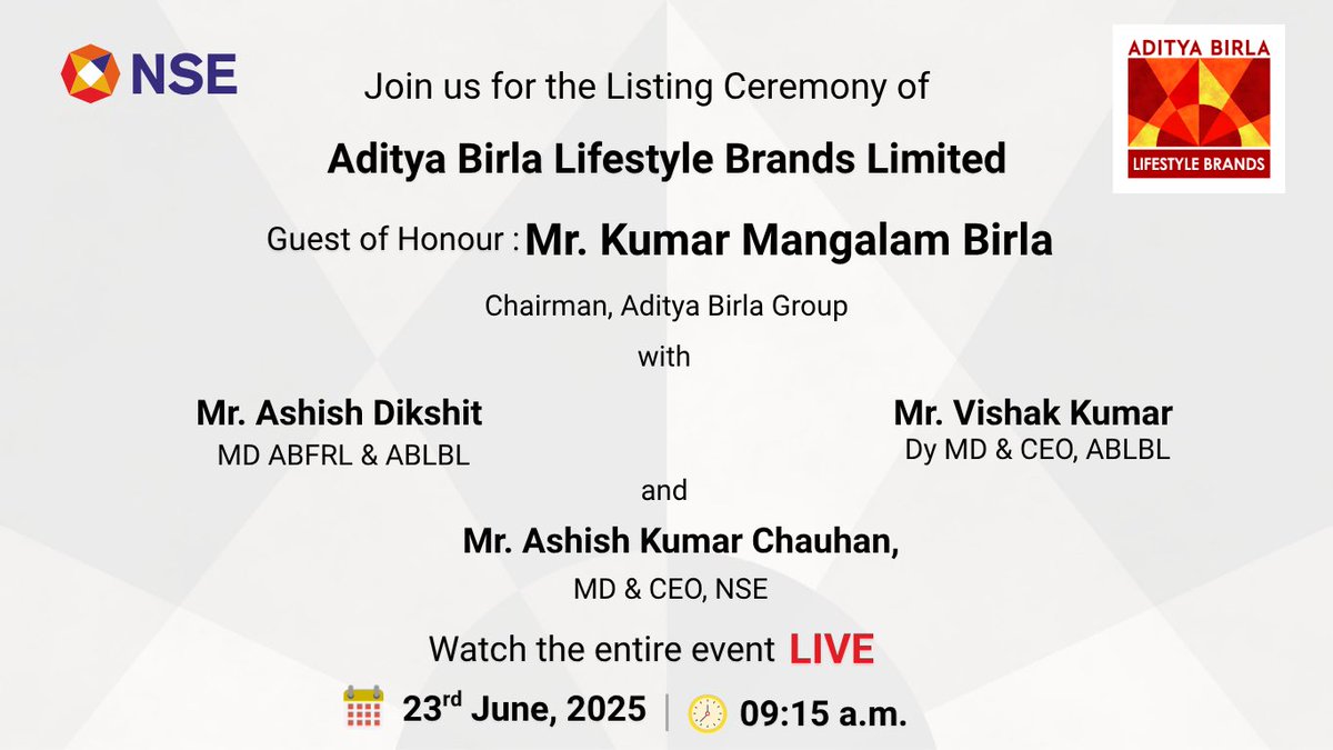 A new chapter begins.
Join us LIVE for the listing ceremony of Aditya Birla Lifestyle Brands Limited on NSE. A celebration of vision, values, and the vibrant future of Indian fashion.

Link – youtube.com/live/t6Da-Wqt-…

#AdityaBirlaGroup
#AForceForGood