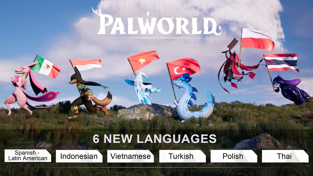 Palworld_EN's tweet photo. Palworld: Tides of Terraria brings 6 new languages to Palworld!

・Spanish - Latin America
・Indonesian
・Vietnamese
・Turkish
・Polish
・Thai

Palworld is now available in a total of 17 languages! https://t.co/itZ0ETqZv8