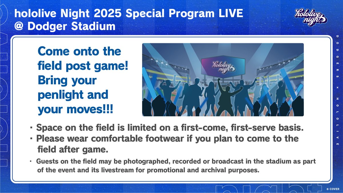 hololive_En's tweet image. ⚾ #hololiveDodgers ⚾
After the game, join us on the field!
Show us your best moves and
You might appear on the big screen!!
Don't forget to bring your penlight!💡
*Image is for illustration purposes.
🎫dodgers.com/hololive
🔽Details
hololive.hololivepro.com/en/news/202506…