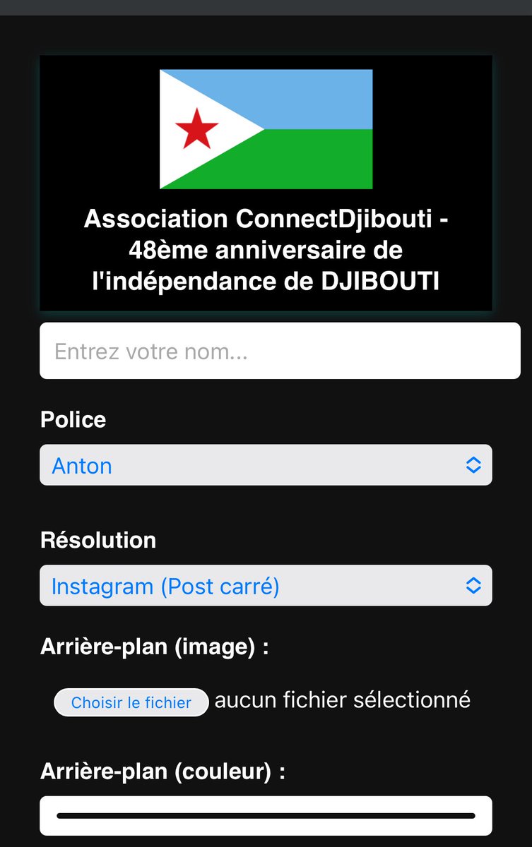 ConnectDjibouti's tweet image. Découvrez notre surprise pour le 48ème anniversaire de notre pays !
Transformez vos noms et vos photos à la couleur du Drapeau 🇩🇯🇩🇯🇩🇯🇩🇯
27juin.connectdjibouti.org