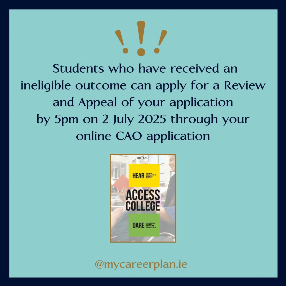 Have you applied for HEAR or DARE for 2025? If so, note that application outcomes for both schemes will be issued tomorrow, Tue, June 24th.
For full details see -

➡️ accesscollege.ie/hear/reviews-a…

➡️ accesscollege.ie/dare/review-ap…

#HEAR25 #DARE25 #accesscollege #leavingcert2025 #leavingcert