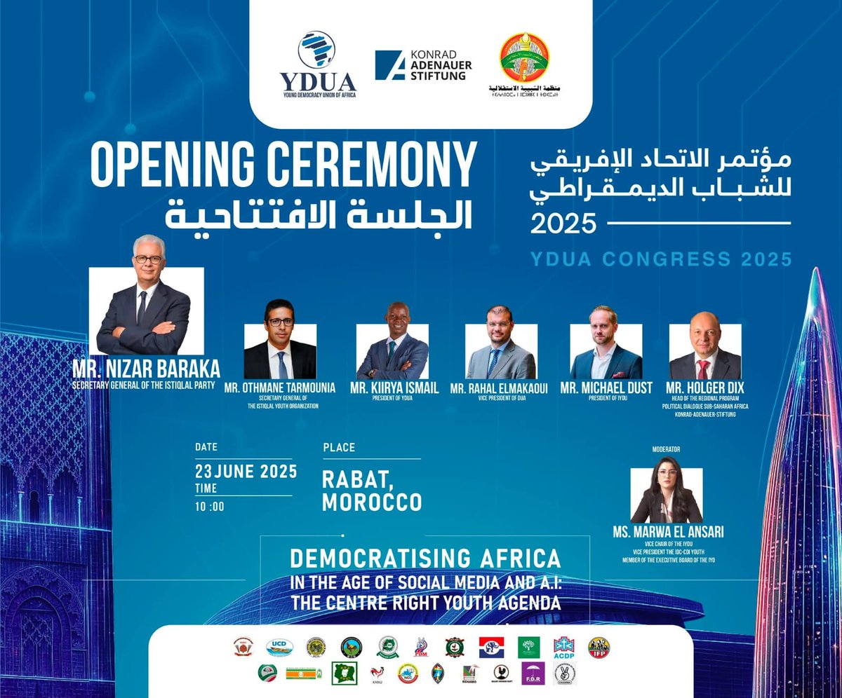 Young Democracy Union of Africa (@ydua_africa) on Twitter photo Today will mark our opening Ceremony of the <a href="/YDUA_AFRICA/">Young Democracy Union of Africa</a> in #Rabat Capital.
#YDUAConference2025 Today will mark our opening Ceremony of the <a href="/YDUA_AFRICA/">Young Democracy Union of Africa</a> in #Rabat Capital.
#YDUAConference2025