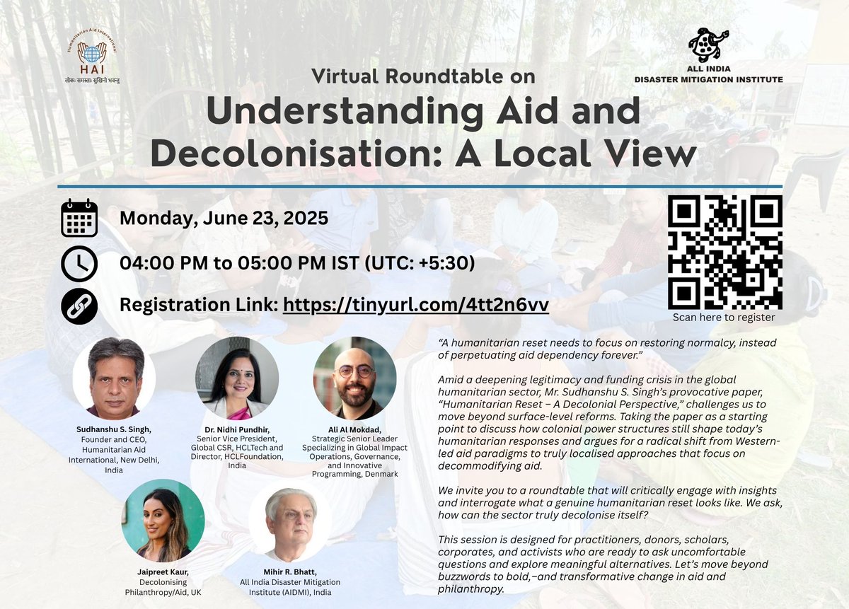 ADRRN (@adrrn1) on Twitter photo Join ADRRN member, <a href="/humanaidint/">Humanitarian Aid International</a> for a virtual roundtable on “Understanding Aid and Decolonisation: A Local View”. This session draws from the paper titled “Humanitarian Reset – A Decolonial Perspective” by CEO, <a href="/sssingh21/">Sudhanshu S Singh</a>
Scan QR code or register here: us02web.zoom.us/meeting/regist… Join ADRRN member, <a href="/humanaidint/">Humanitarian Aid International</a> for a virtual roundtable on “Understanding Aid and Decolonisation: A Local View”. This session draws from the paper titled “Humanitarian Reset – A Decolonial Perspective” by CEO, <a href="/sssingh21/">Sudhanshu S Singh</a>
Scan QR code or register here: us02web.zoom.us/meeting/regist…