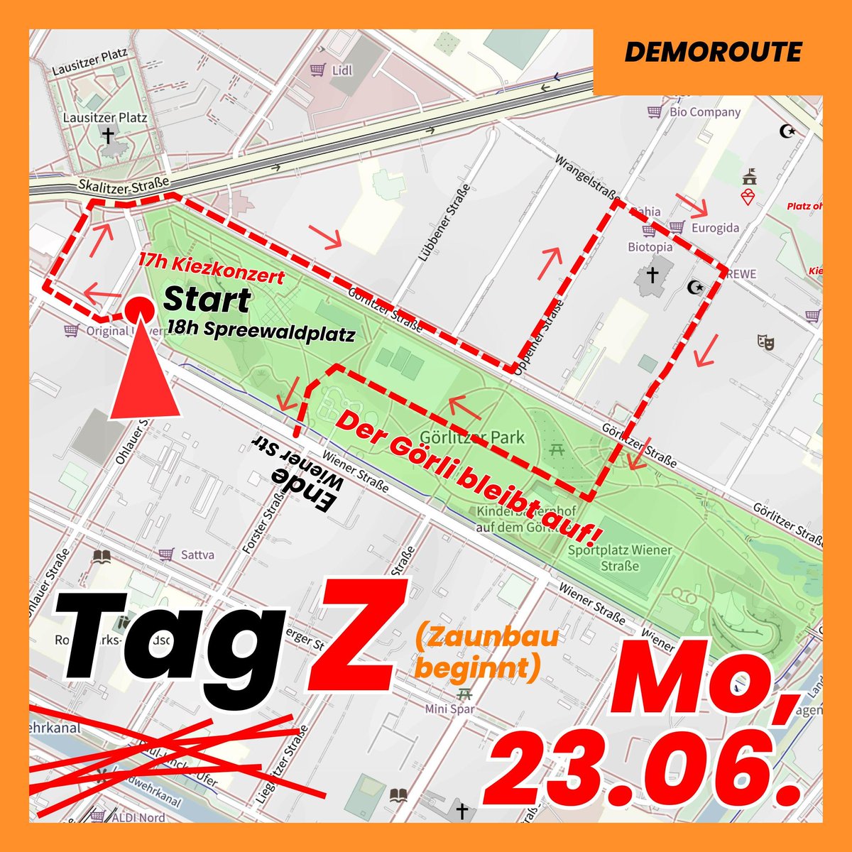 ... und hier unsere Route!
Wir sehen uns auf der Straße bzw. auf dem Spreewaldplatz: 17 Uhr Kiezkonzert, 18 Uhr Demo - Der Görli bleibt auf!