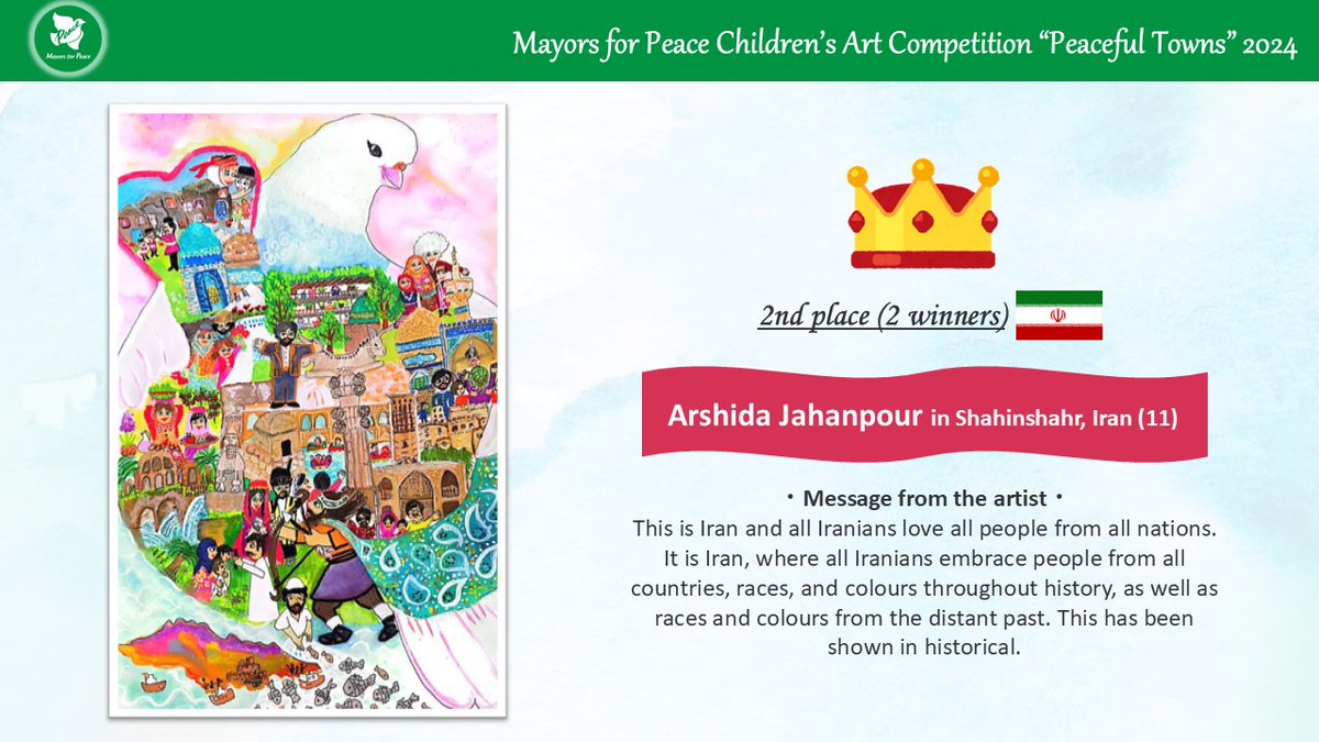 Mayors4Peace's tweet photo. #MayorsforPeace Children's Art Competition "Peaceful Towns" 2024 award-winning artworks 🎨🕊️Second Place in Category 2(ages 11-15)
Arshida Jahanpour from #ShahinShahr, Iran (11 years old)
For more detail, please visit our website:
https://t.co/ldDdkmsinr
#PeaceFromOurCITY #D_91 https://t.co/DHbZKCAQT7