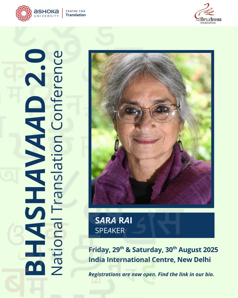 TranslationAtAU's tweet photo. We’re thrilled to welcome Sara Rai, acclaimed writer, translator, and editor, to BHASHAVAAD 2.0. Her work has travelled widely across languages and borders, earning recognition in India and internationally.

🗓 29–30 August 2025 | 📍 IIC, New Delhi
🔗 Register now. Link in bio. https://t.co/I8auKF5L5W