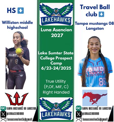 Luna Asencion ‘2027 (@lunaasencion8) on Twitter photo Very excited to attend the Lake Sumter State College Prospect Camp june 23-24 with my <a href="/DevilSoftball/">Williston Softball</a> teammates!! <a href="/LakehawkSB/">Lakehawk Softball</a> Very excited to attend the Lake Sumter State College Prospect Camp june 23-24 with my <a href="/DevilSoftball/">Williston Softball</a> teammates!! <a href="/LakehawkSB/">Lakehawk Softball</a>
