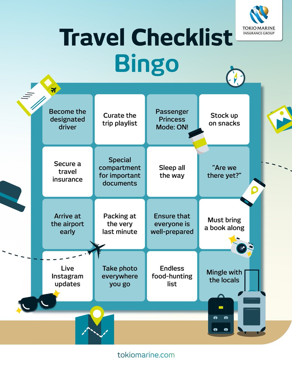 How many of these items have you checked off? 🏝️✈️

Next trip, double the fun with travel insurance, so you can travel safe, worry-free, and in style – knowing that we got your back.

#TokioMarine #TravelInsurance #StayProtected #TravelSmart