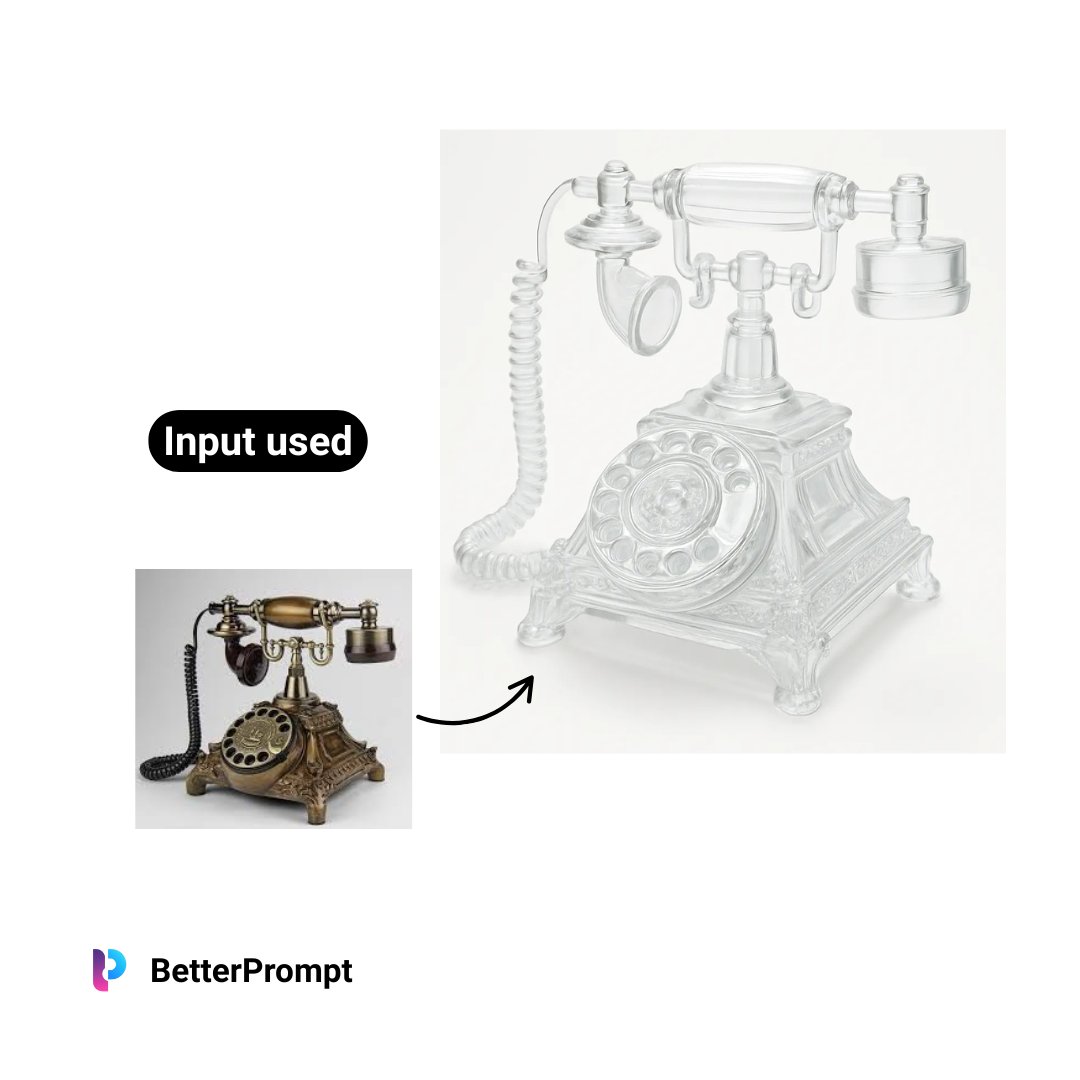 BetterPromptme's tweet photo. Upload any object.
BetterPrompt turns it into a transparent, glass-like design.
Perfect for creative mockups, product visuals, or just fun experiments.
👉 https://t.co/QN44xlcmju
#BetterPrompt #Prompt #AIConcept #GlassEffect #CreativePrompt #VisualDesign https://t.co/KcYomjO9BB
