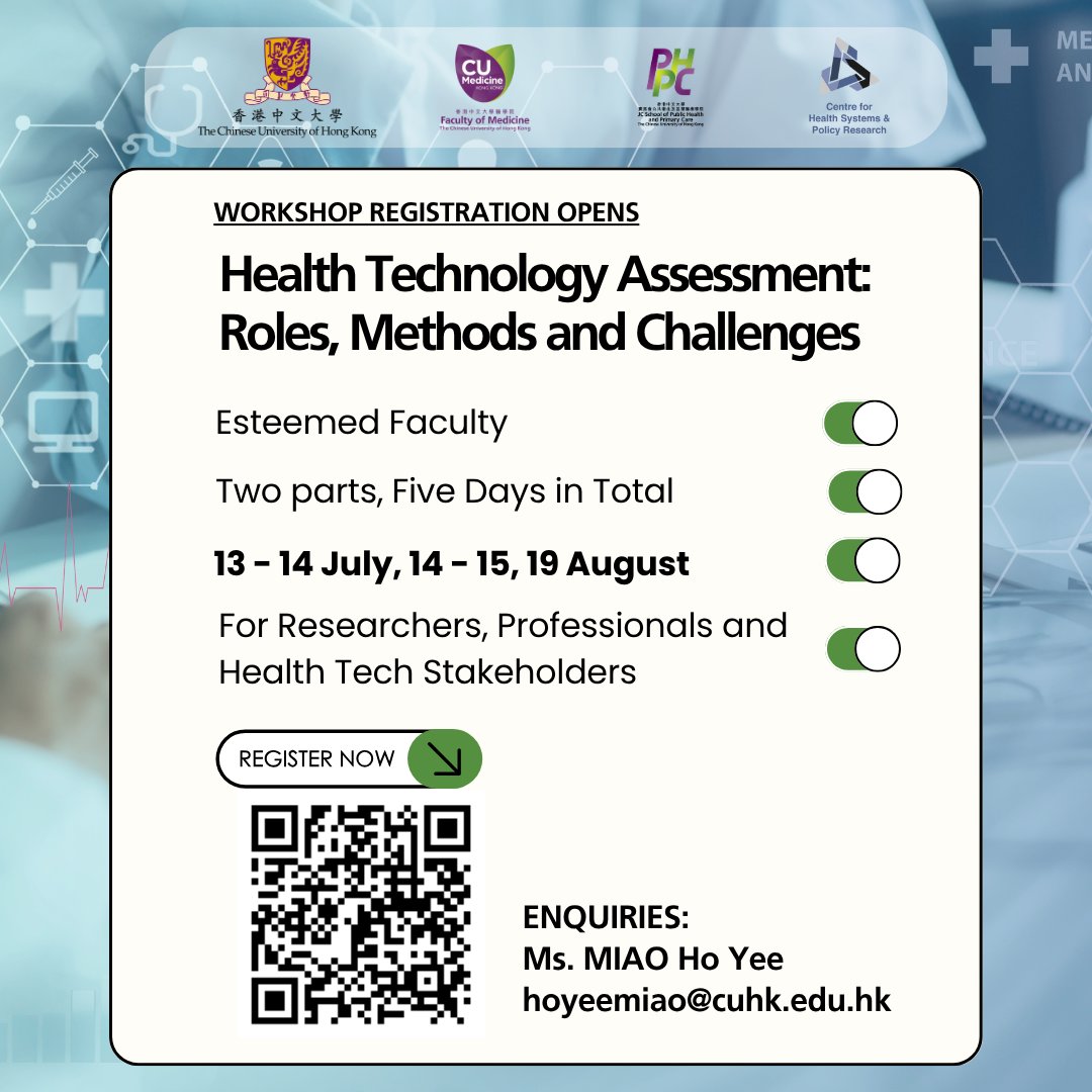 CUHK JC School of Public Health and Primary Care (@cuhksphpc) on Twitter photo ๐ฃ๐ฅ๐ฒ๐ด๐ถ๐๐๐ฒ๐ฟ ๐ก๐ผ๐ | The Centre for Health Systems and Policy Research, JCSPHPC, is hosting a โHealth Technology Assessment: Roles, Methods and Challengesโ workshop in July and August 2025. Check out the course details and grab your seat now! hspr.cuhk.edu.hk/newsarticle/28โฆ ๐ฃ๐ฅ๐ฒ๐ด๐ถ๐๐๐ฒ๐ฟ ๐ก๐ผ๐ | The Centre for Health Systems and Policy Research, JCSPHPC, is hosting a โHealth Technology Assessment: Roles, Methods and Challengesโ workshop in July and August 2025. Check out the course details and grab your seat now! hspr.cuhk.edu.hk/newsarticle/28โฆ