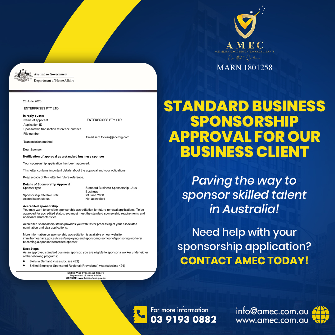amec_australia's tweet image. 📢Standard Business Sponsorship approved for our business client!
Now ready to sponsor skilled overseas workers in Australia 🇦🇺
Need help with your SBS application? Let AMEC guide you.
📞 0391930882 | ✉️ info@amec.com.au
#StandardBusinessSponsorship #SBSApproved #AMECMigration