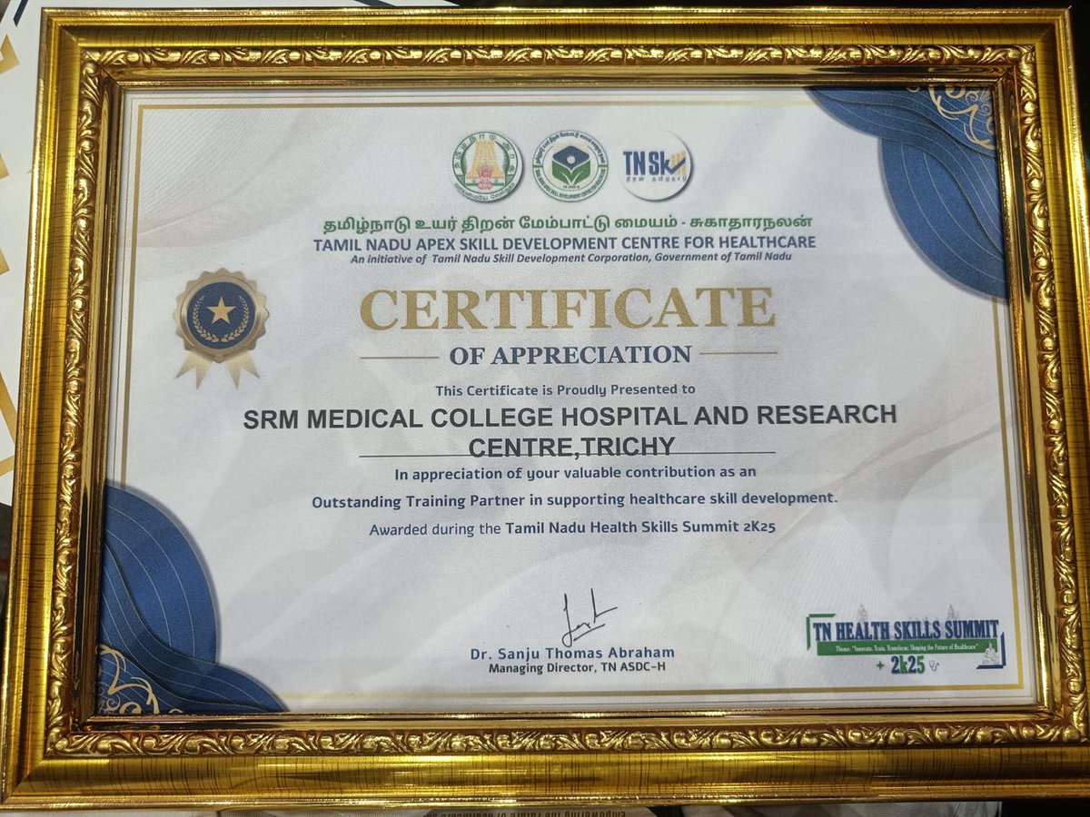 SRMMCHRC's tweet photo. Double Honour for Trichy SRM at Tamil Nadu Health Skills Summit 2k25!
We are proud to announce two prestigious recognitions received
#TrichySRM #SRMMCHRC #TNASDC #SkillDevelopment #HealthcareEducation #HealthSkillsSummit2K25 #BestTrainer #OutstandingPartner #SRMExcellence https://t.co/q55WYM59Lw