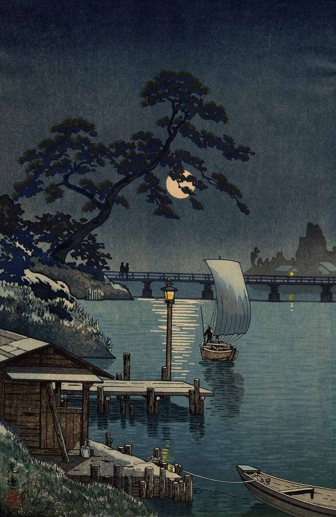 "summer night -- 
 the moon by the river 
 just a silver"      Issa Kobayashi 

 (image: Koitsu Tsuchiya)
