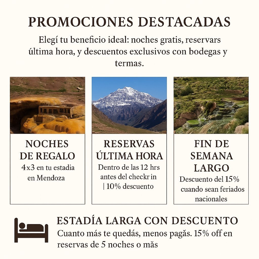 Reservando directo accedés a beneficios exclusivos y precios sin comisión.

Brindá en los viñedos con nuestra propuesta de degustación incluida.

Extendé tu descanso los domingos con salida sin apuro.

Cuanto más te quedás, menos pagás. Viví Mendoza sin relojes.

#Mendoza
