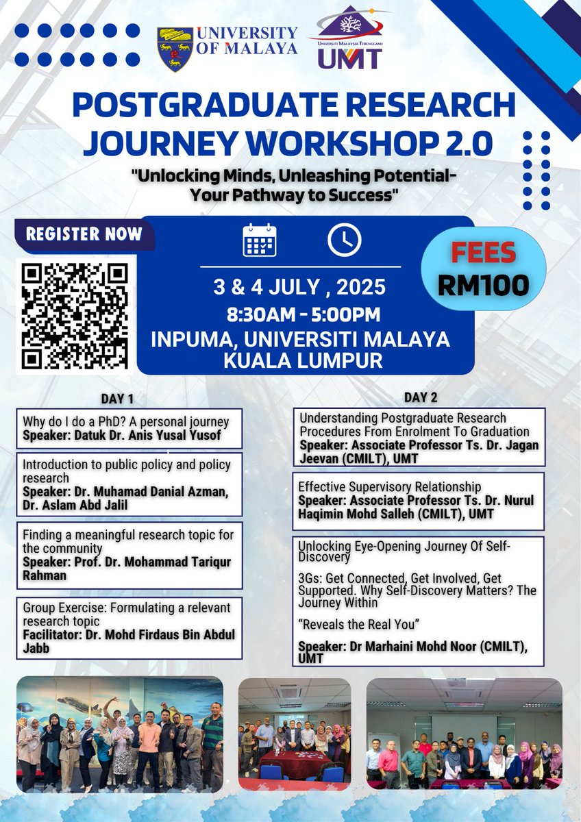 📅 Tarikh: 3 &amp; 4 Julai 2025
📍 Lokasi: INPUMA, Universiti Malaya, Kuala Lumpur
💰 Yuran Penyertaan: Hanya RM100!
📌 Tempat terhad! Daftar sekarang untuk mengukir perjalanan PhD anda dengan lebih yakin dan terarah!
✅ Imbas kod QR untuk pendaftaran