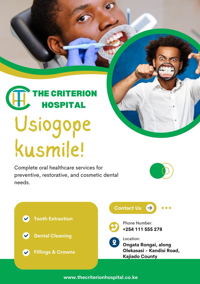 criterion_hosp's tweet photo. 😬 Usiogope kusmile, meno tutasort! 🔧
Toothache? Stains? Gaps? We fix all that, no stress.
📍 Rongai | 📞 0111 555 278
🌐 https://t.co/bQAE1Y5zP5
#UsiogopeKusmile #DentalCare254 #hospital https://t.co/VHPlvKwlVo